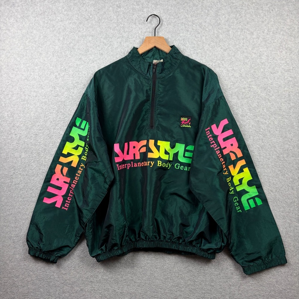 Vintage Surf Style Windbreaker Jacket Mens Green Neon Spellout Surf 90s Half Zip